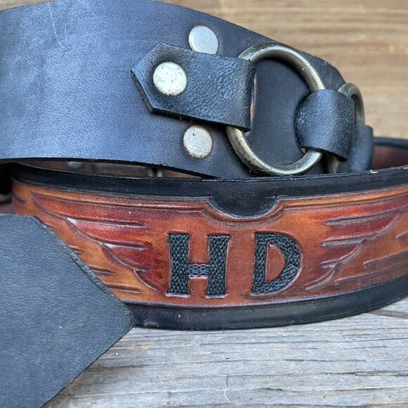 Harley Davisdon Biker Motorcycle Belt Leather Belt Strap Vintage Black / Brown - Picture 2 of 13